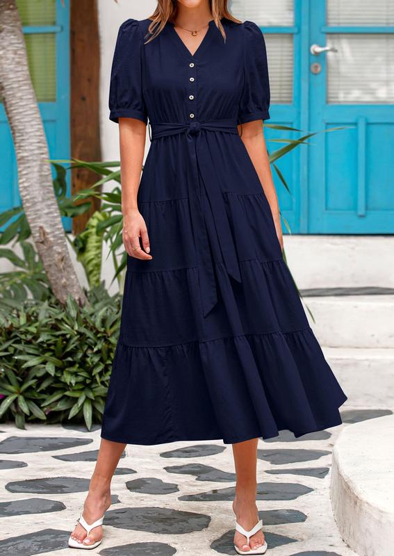 Vestido midi PRETTYGARDEN, verão 2025, manga curta, decote em V